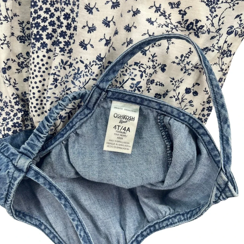 Oshkosh B'gosh Kids Girls Denim Patchwork‎ Floral Dress Blue Size 4T